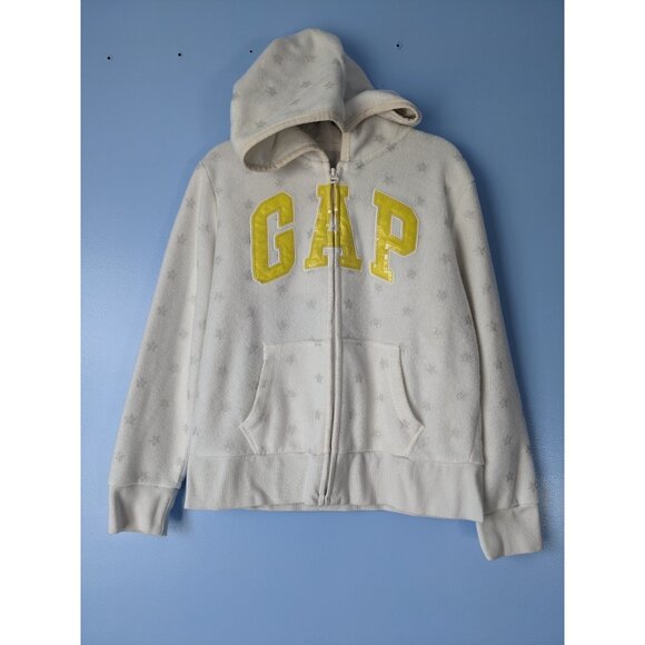 GAP Logo Pullover Silver Stars Fleece Hoodie Hooded Sweatshirt Girls Size L (10) - Picture 1 of 7